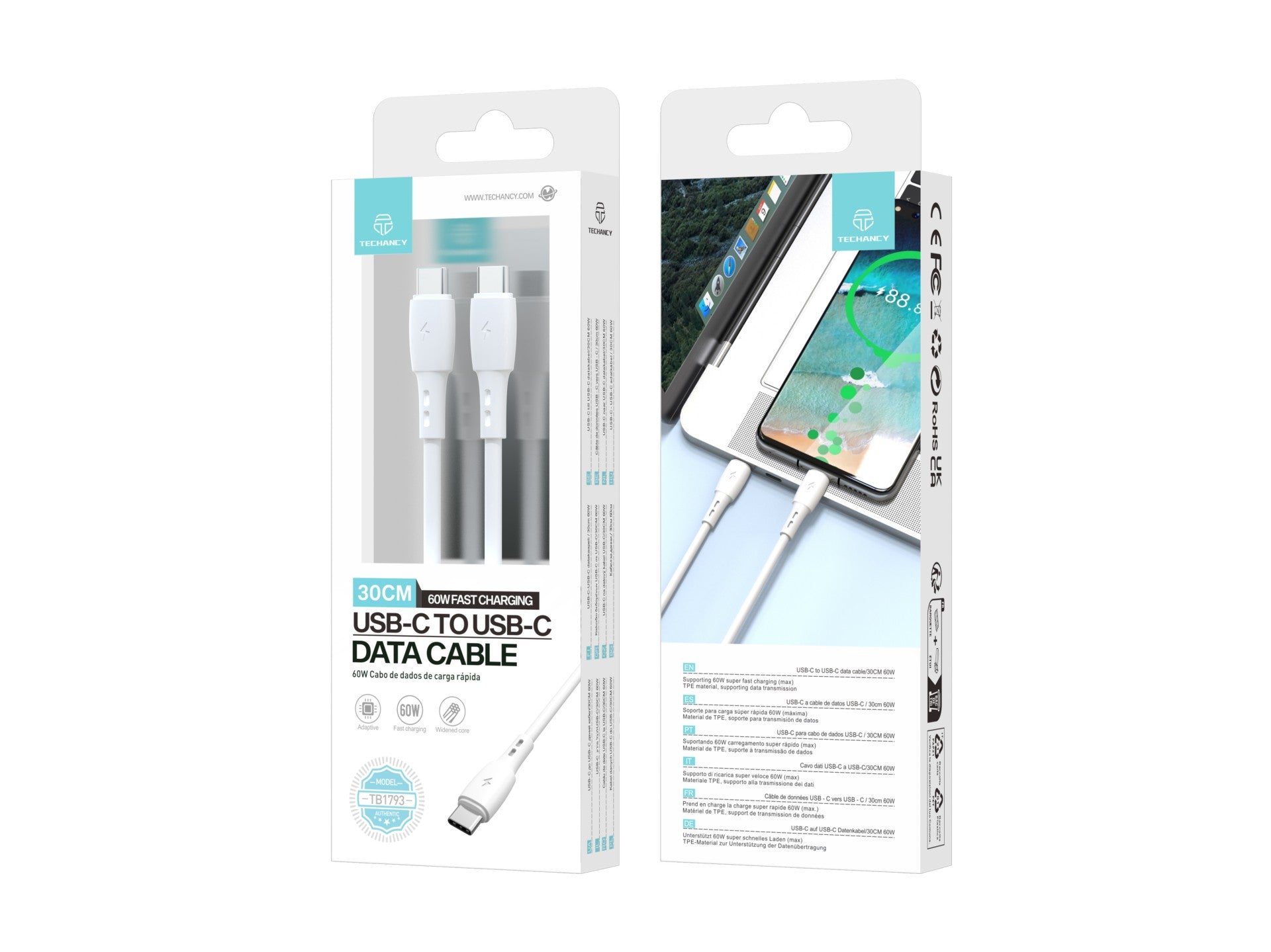 Techancy Cabo De Dados USB C to USB C Branco TB1778, Carregamento