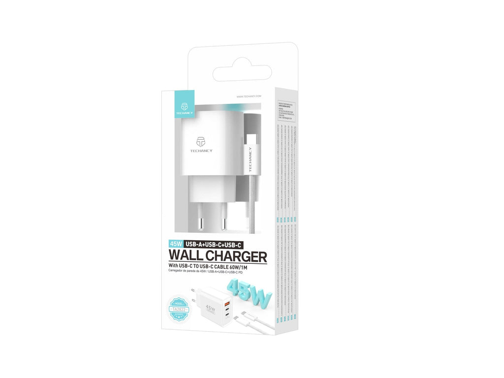 Techancy Carregador USB-A+USB-C+USB-C TA2822, 45W PD, com Cabo USB-C