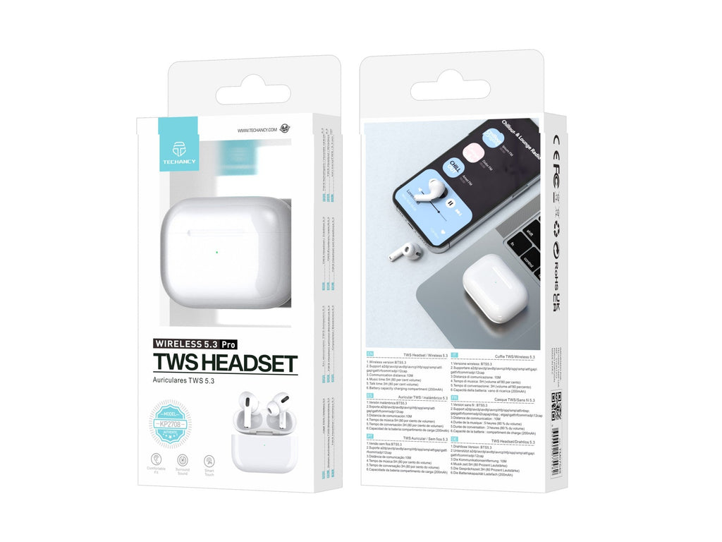 Căști wireless Techancy Tws Pro albe KP2708, Bluetooth 5.3,