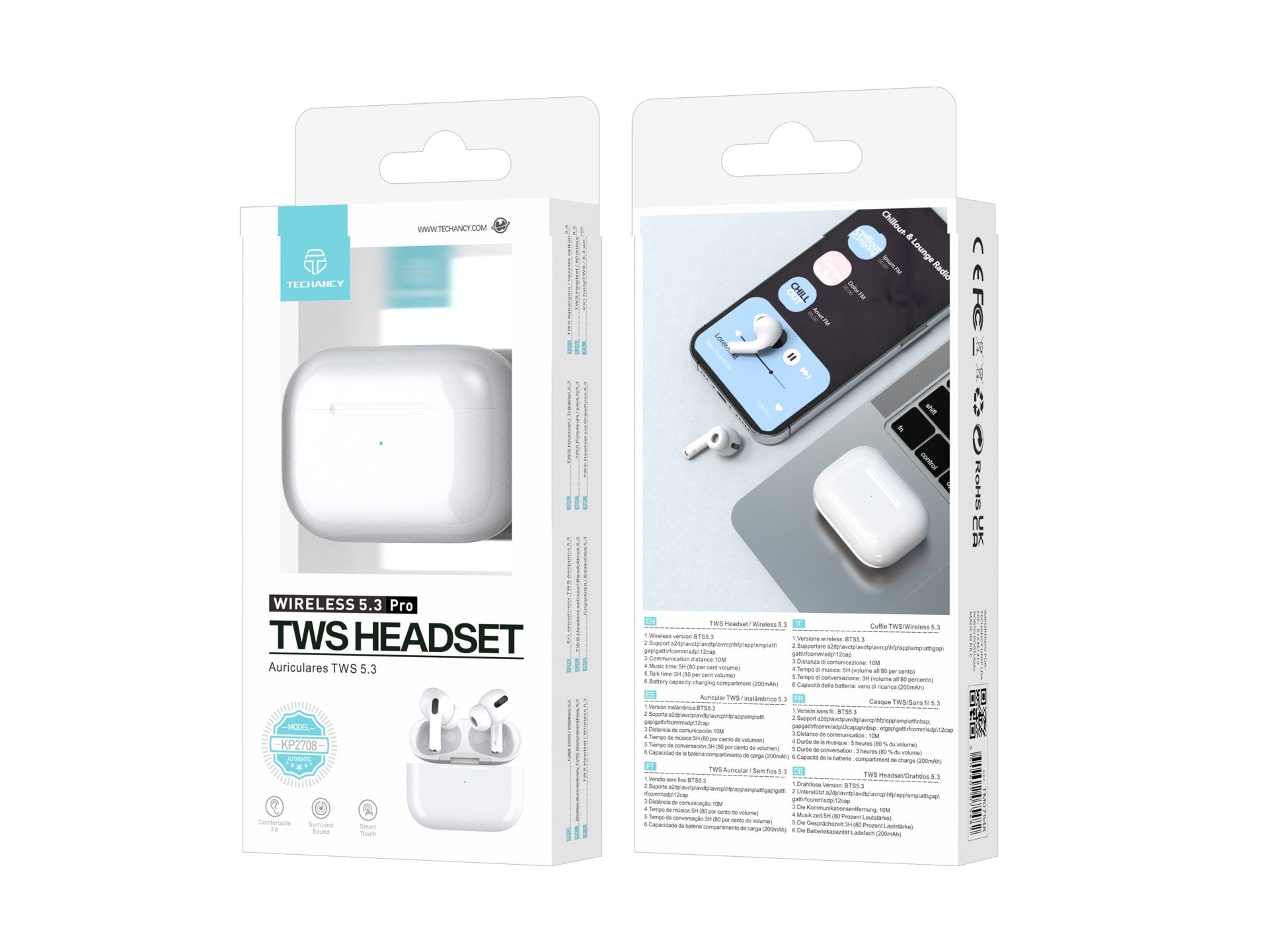 Căști wireless Techancy Tws Pro albe KP2708, Bluetooth 5.3,