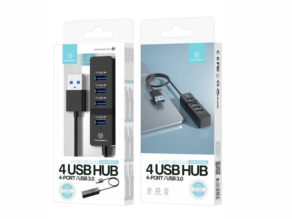 Hub USB Techancy, 4 portas USB 3.0, KT2904, preto