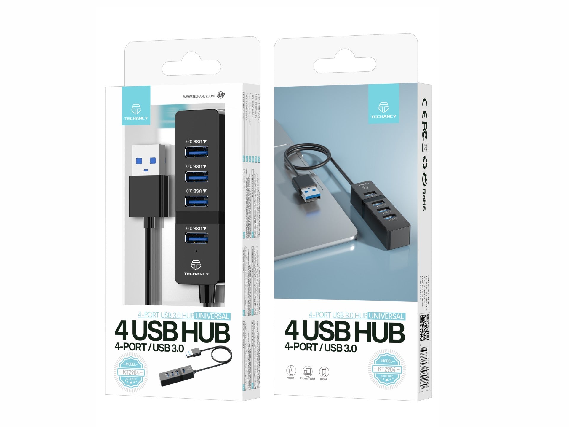 Hub USB Techancy, 4 portas USB 3.0, KT2904, preto