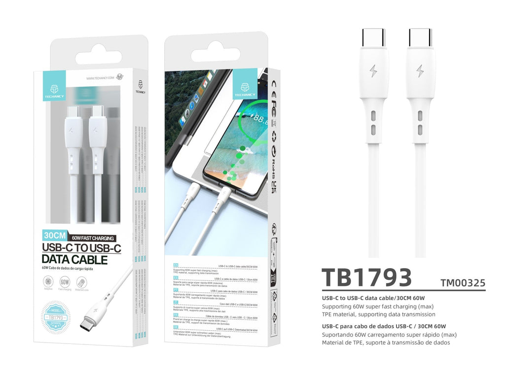 Techancy Cabo De Dados USB C to USB C Branco TB1778, Carregamento