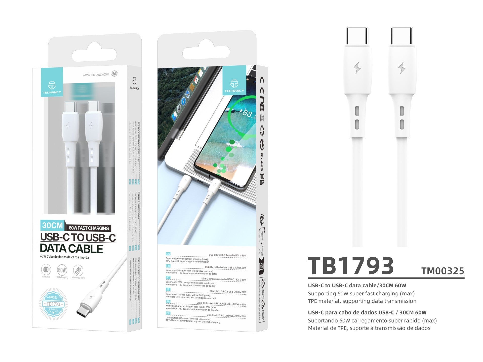 Techancy Cabo De Dados USB C to USB C Branco TB1778, Carregamento