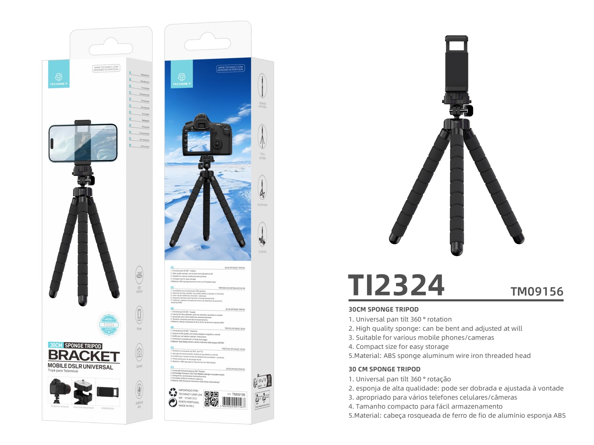 Techancy Tripé De 30 Cm Preto Ti2323, Rotação De 360° Com Pernas
