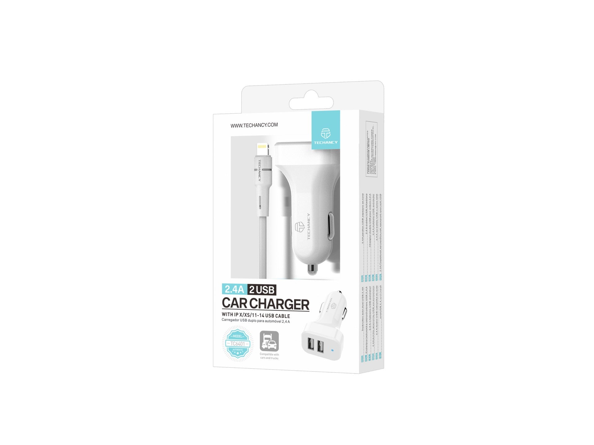 Încărcător Auto Dual USB 2.4A Techancy TC6401 cu Cablu Lightning
