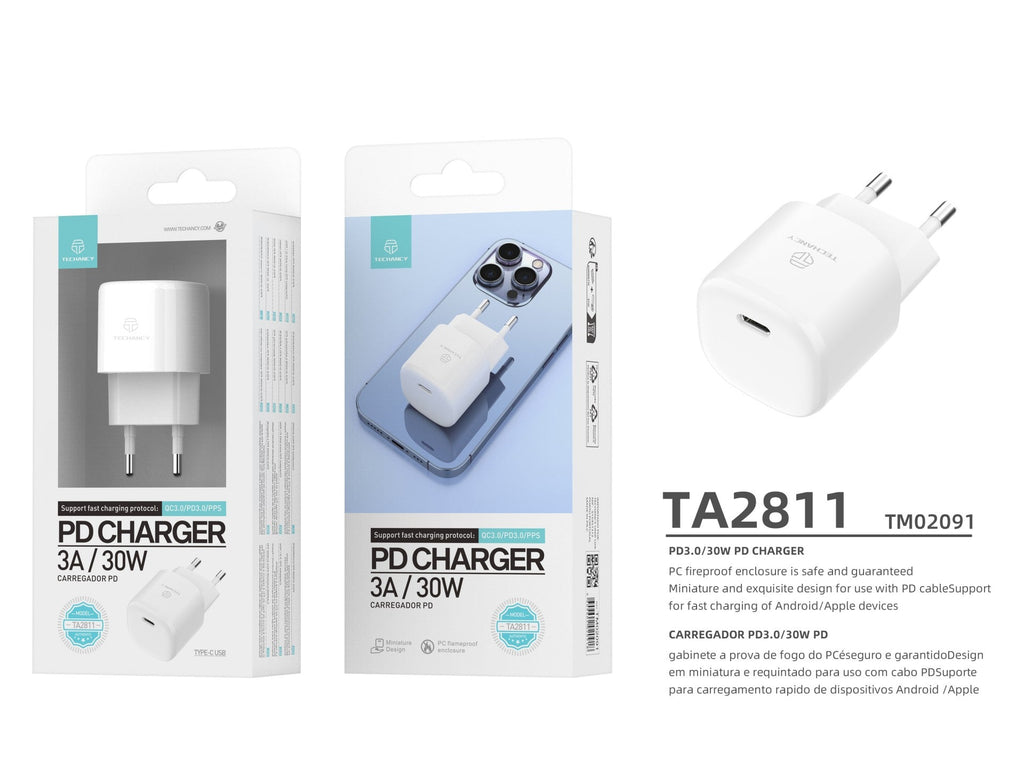 Techancy Carregador Pd De 30w Usb C Branco TA2811, Cabo De