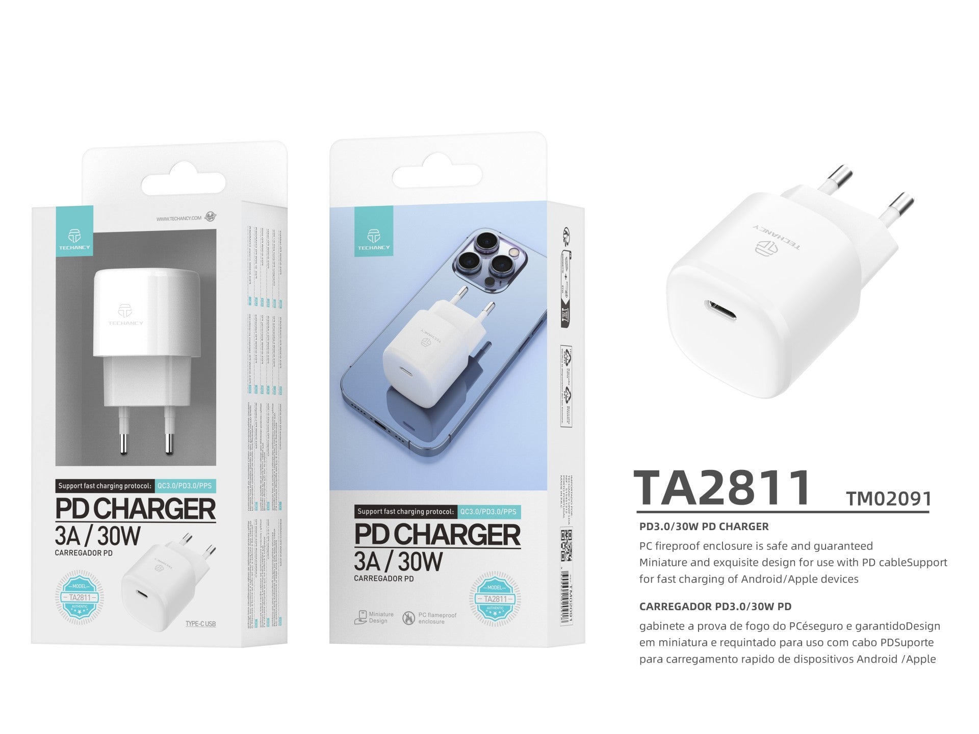 Techancy Carregador Pd De 30w Usb C Branco TA2811, Cabo De