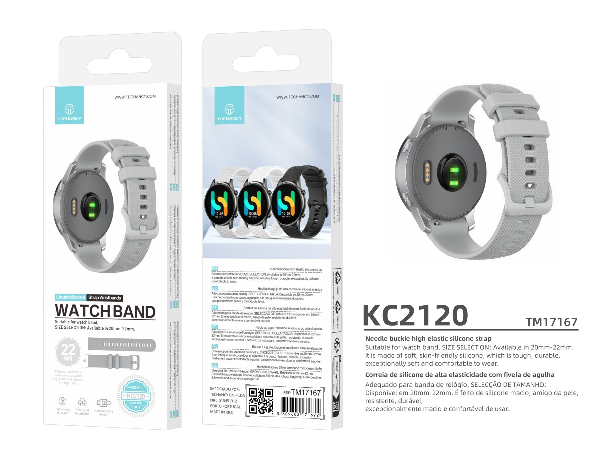 Techancy Brățară de ceas inteligentă gri KC2120 de 22 mm,