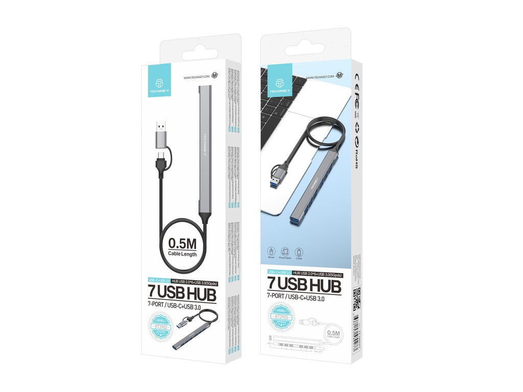 Hub USB Techancy 2 em 1 USB-C + USB 3.0, KT2903, 7 portas USB 3.0,