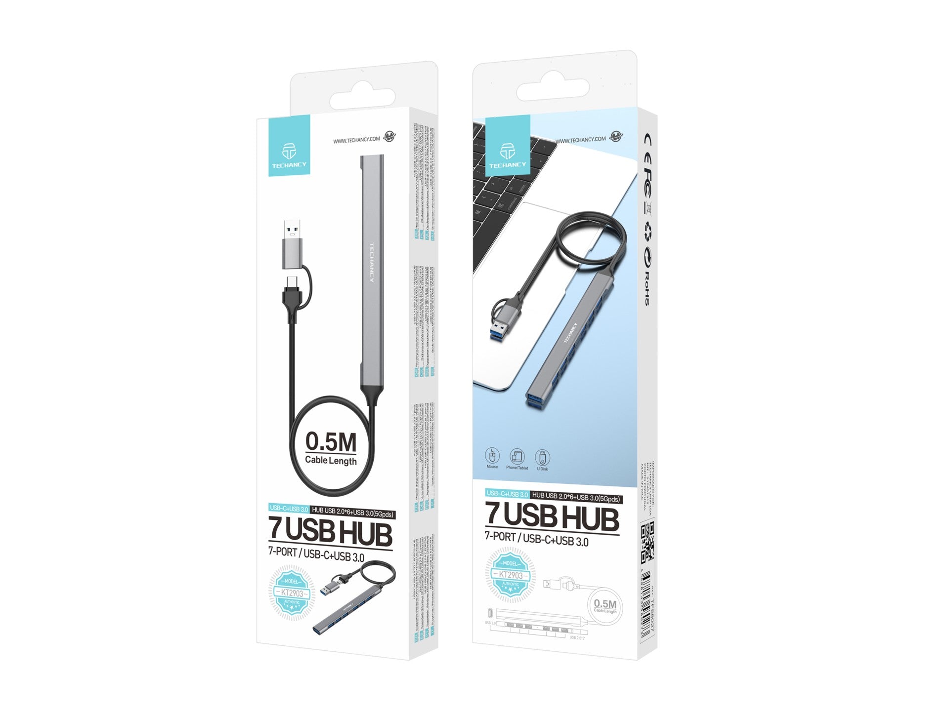 Hub USB Techancy 2 em 1 USB-C + USB 3.0, KT2903, 7 portas USB 3.0,
