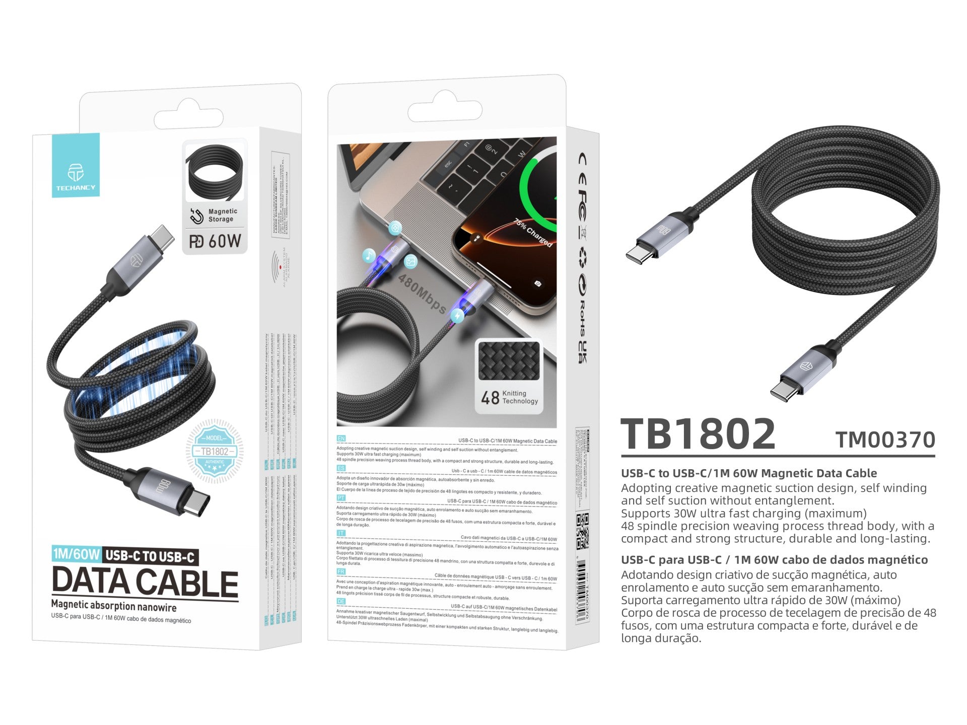 Techancy Cabo magnetico TB1802 USB-C para USB-C 1M 60W PD suporta