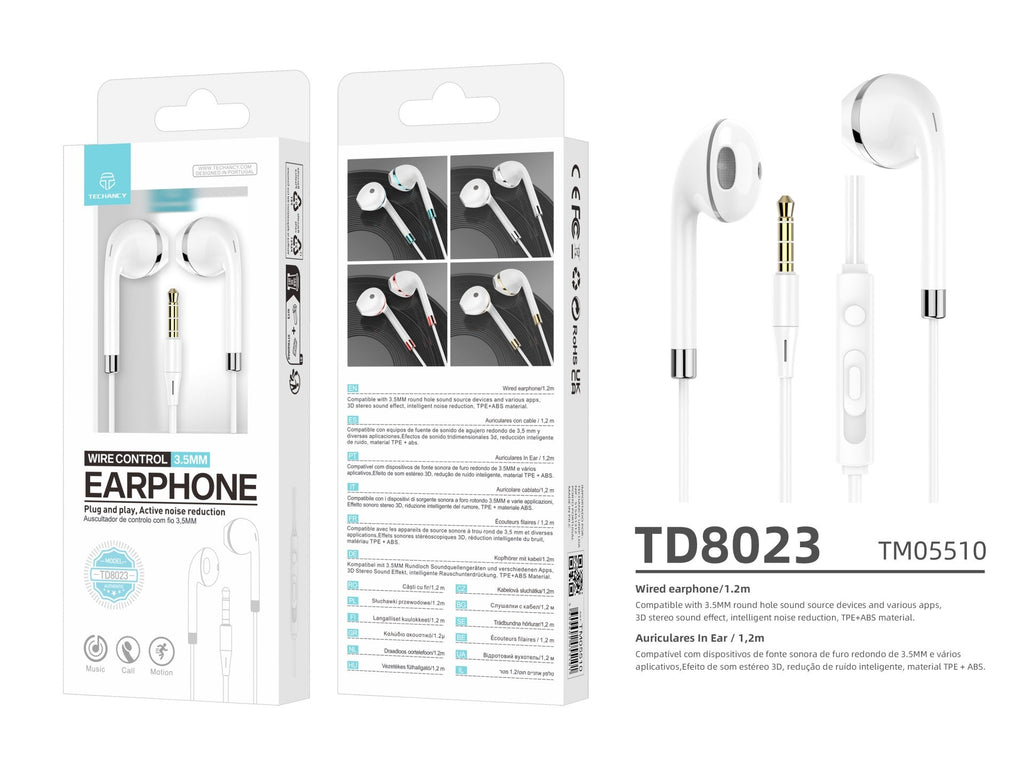 Techancy Fone de ouvido com fio TD8023, plugue 3,5 mm, controle no