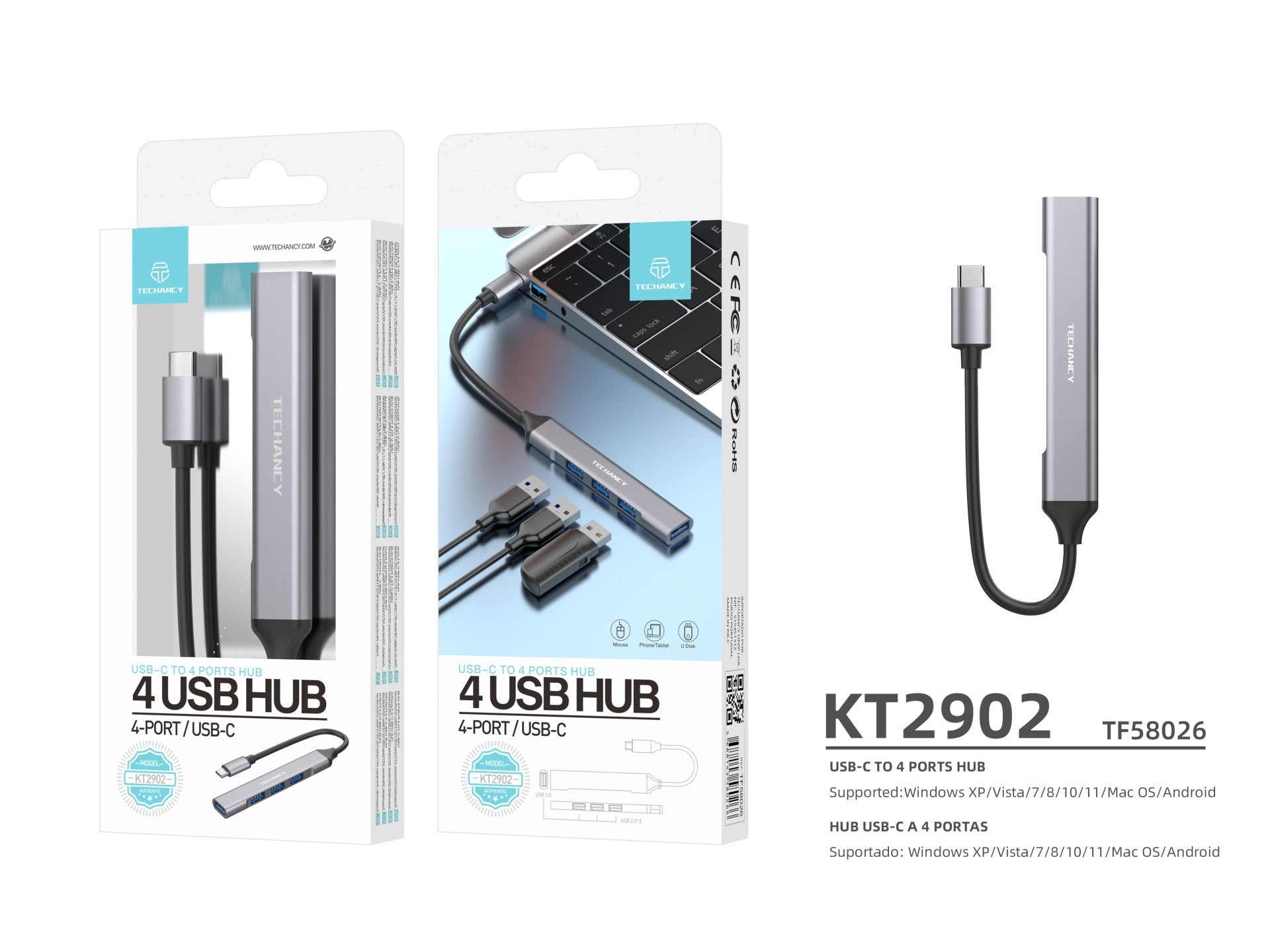 Techancy USB-C 3.0 HUB, 4 em 1 USB, KT2902, Extensor de Hub USB, Cinza