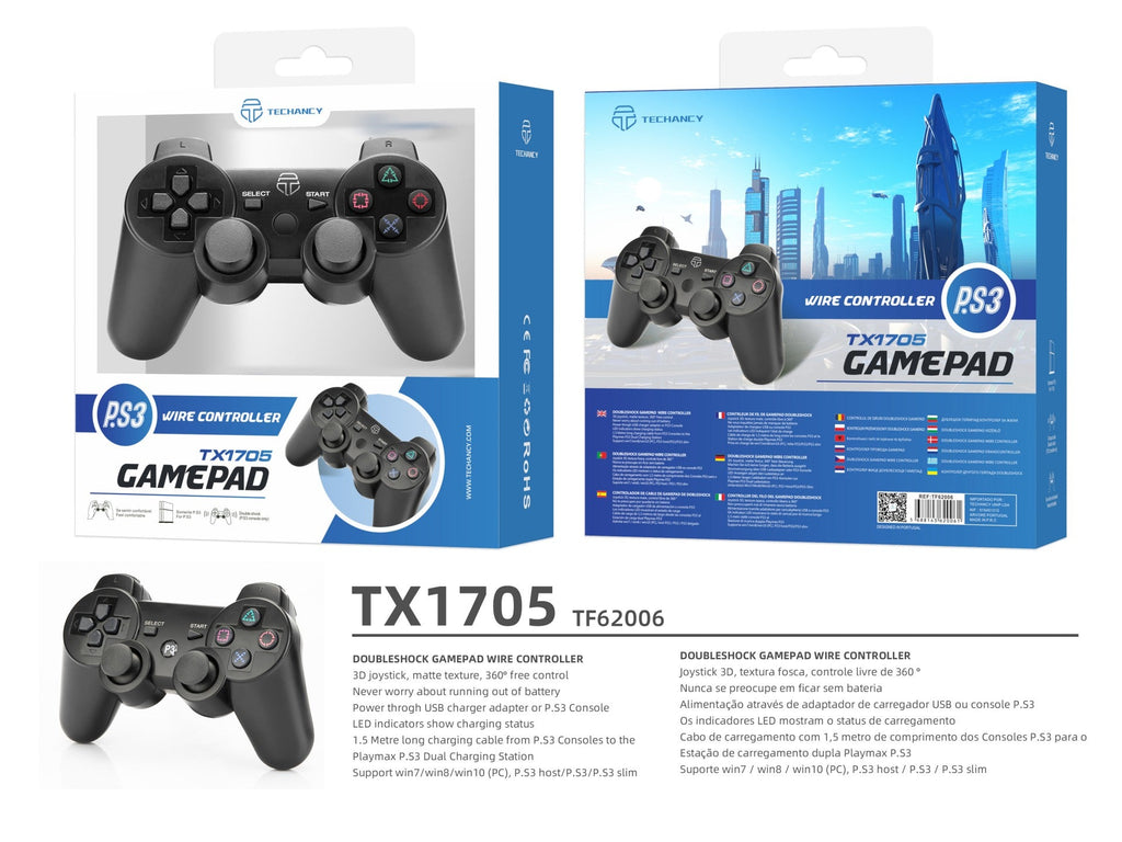 Controlador de jogos com fio USB Techancy para PS3 + PC, TX1705, com