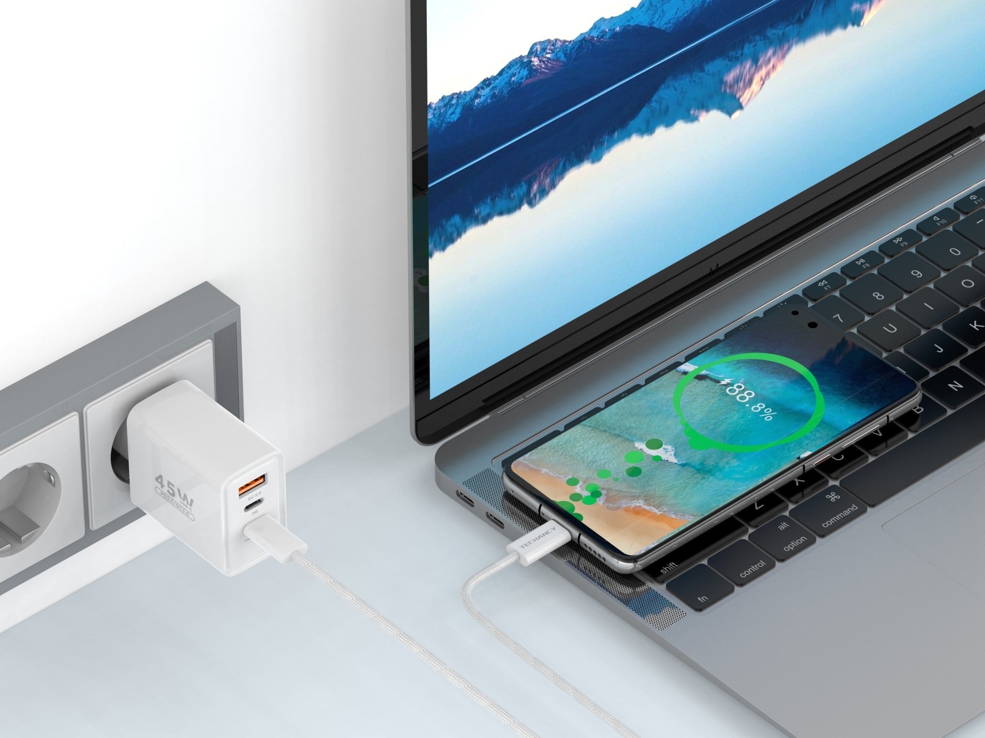 Techancy Carregador USB-A+USB-C+USB-C TA2822, 45W PD, com Cabo USB-C