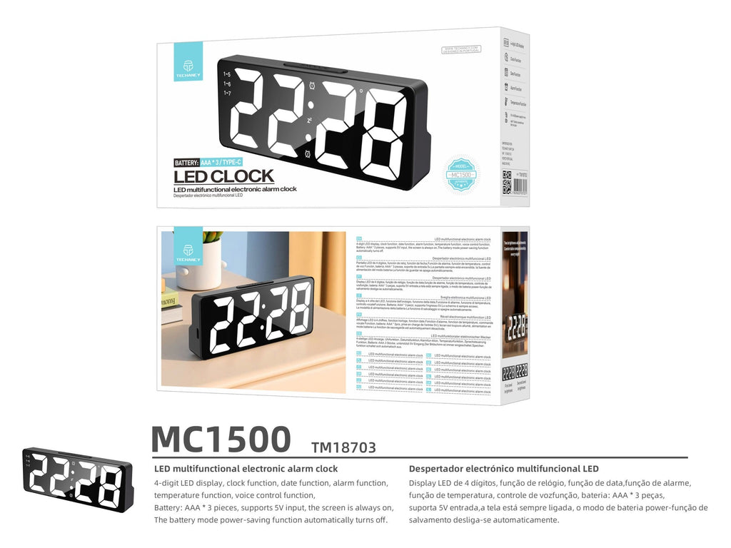 Techancy Despertador Multifunções Led Preto MC1500, Com Relógio, Data,
