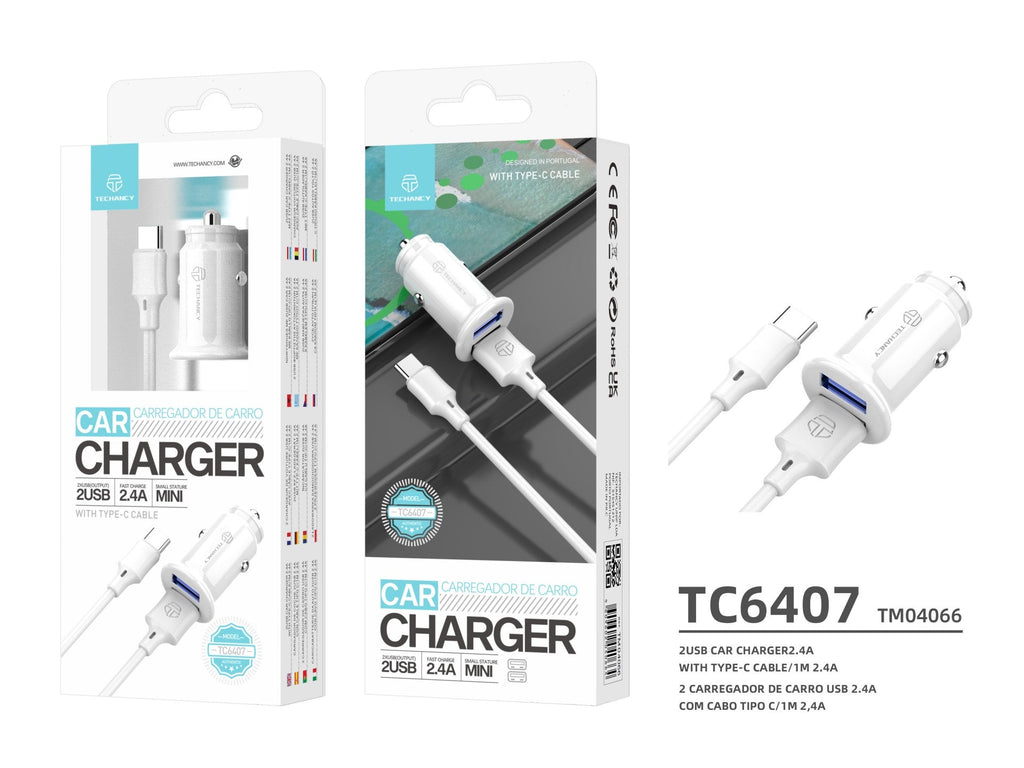 Techancy Carregador De Automóvel Mini  TC6407, Carregamento 2usb 2.4A,