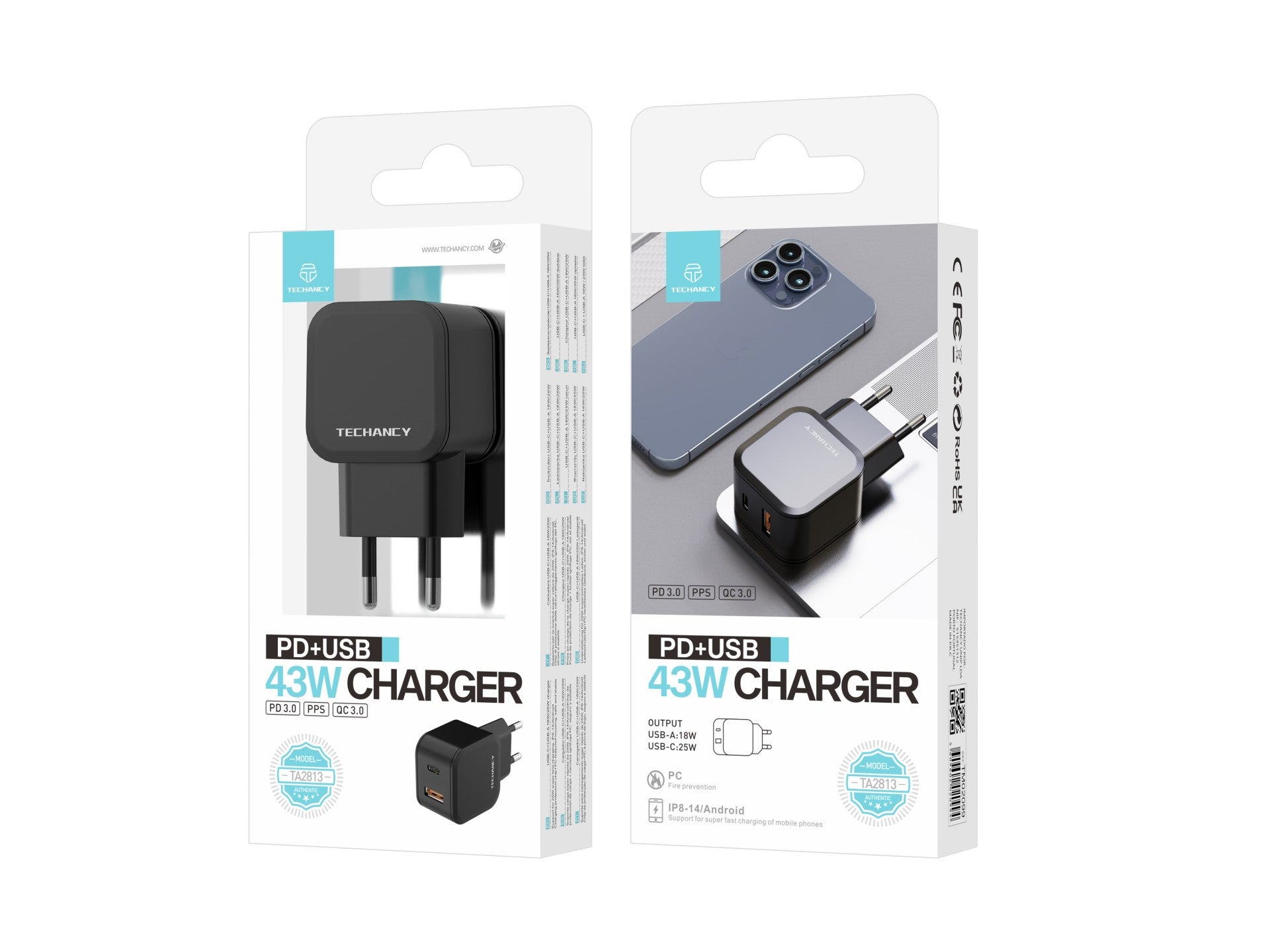 Techancy Carregador Rápido 43w Preto  TA2813, Porta Dupla Pd+Usb,