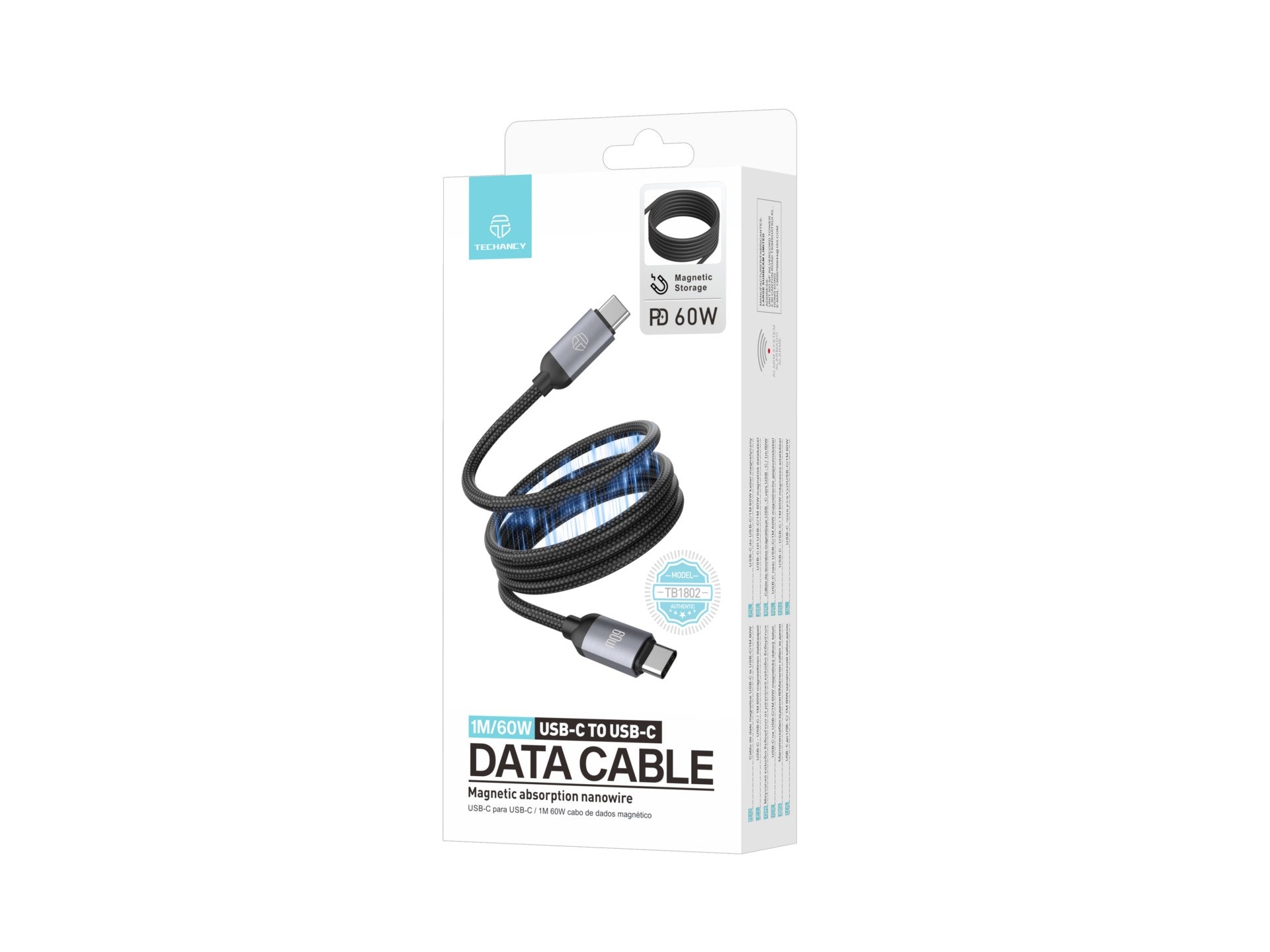Techancy Cabo magnetico TB1802 USB-C para USB-C 1M 60W PD suporta