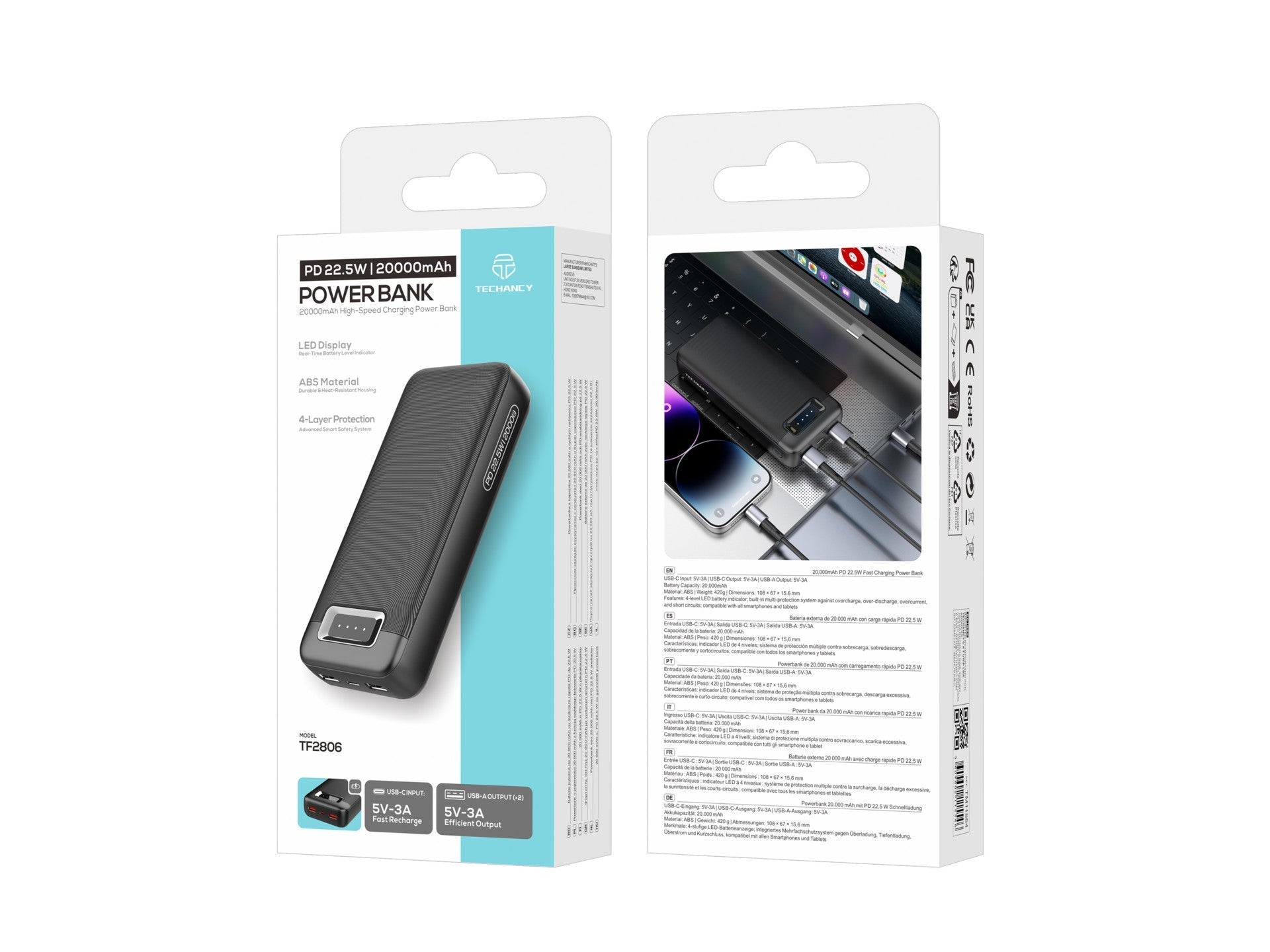 Baterie externă Techancy Power Bank 20000mAh TF2806 PD 22.5W cu USB-C și 2 USB,