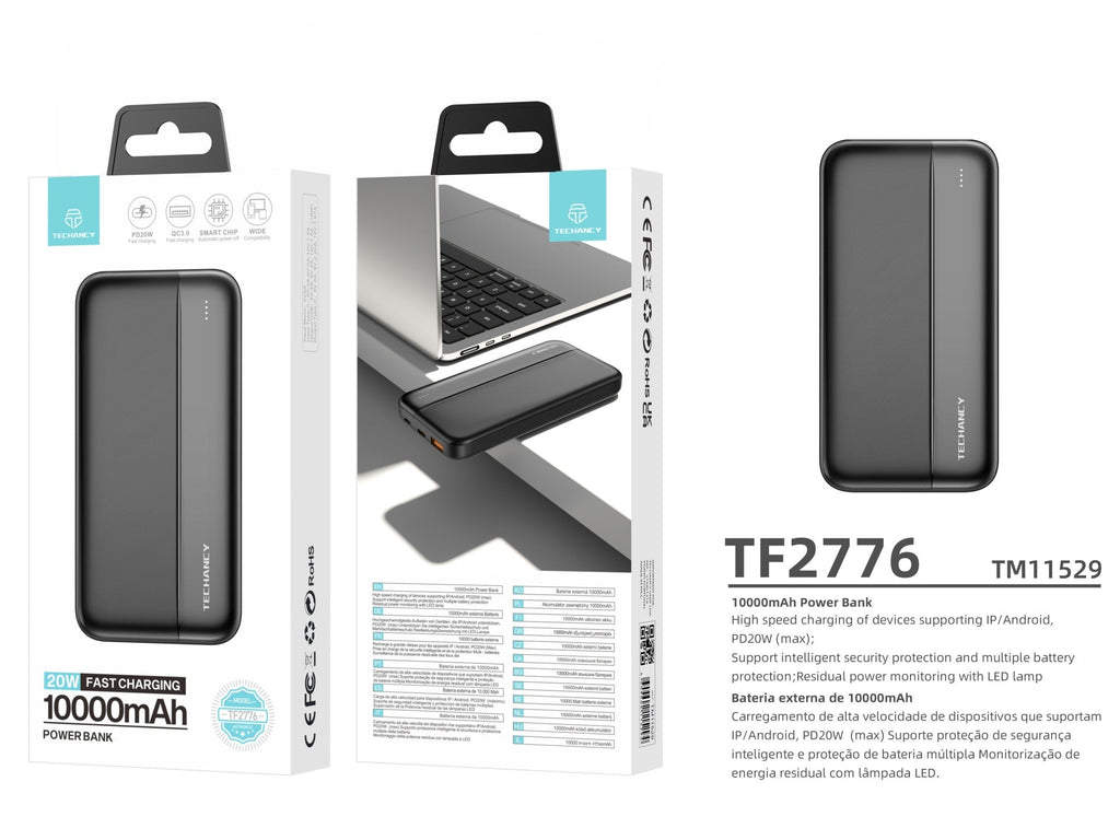 Techancy Power Bank 10000mah Preto TF2776, Carregamento Rápido Pd20w
