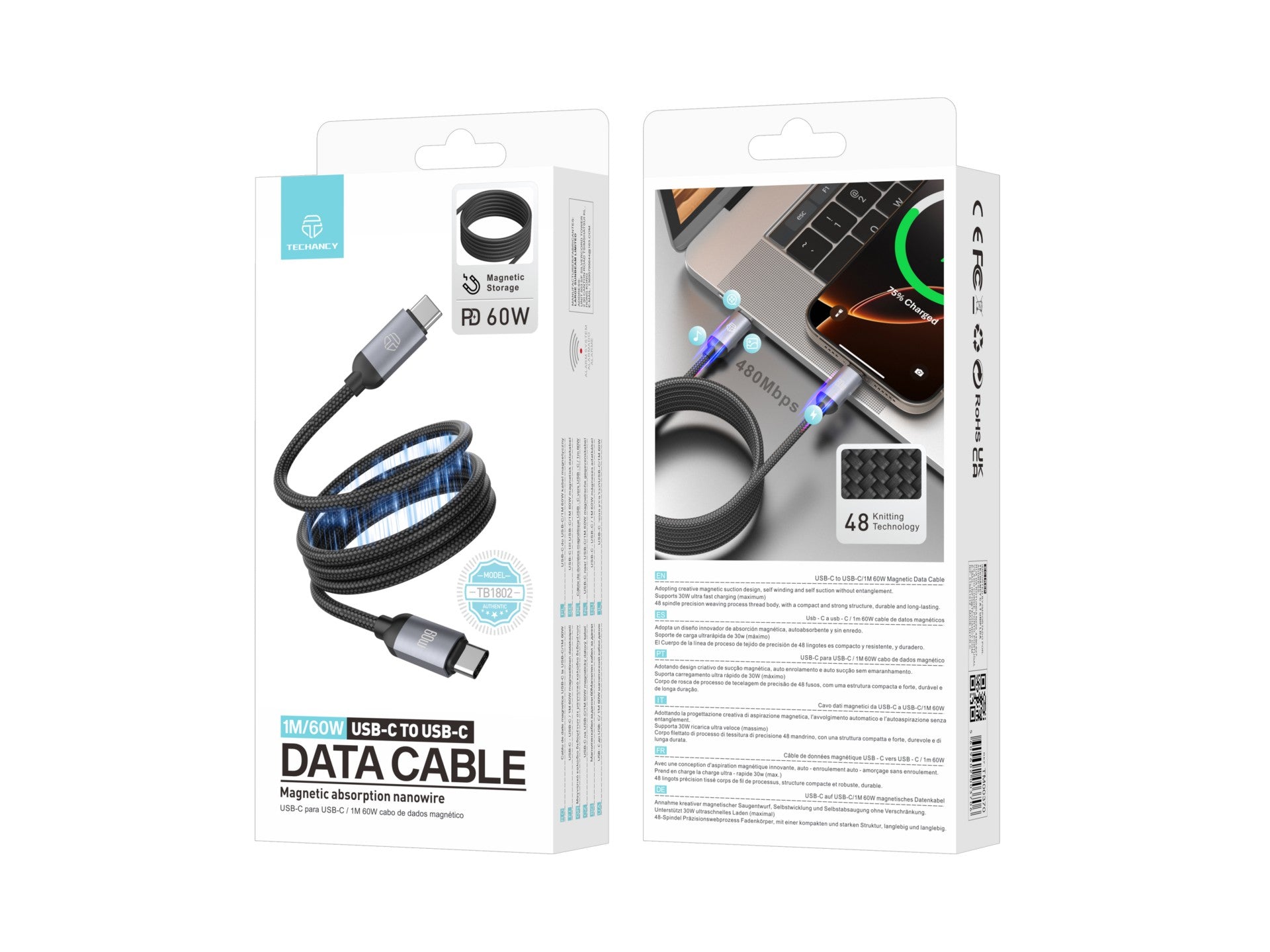 Techancy Cabo magnetico TB1802 USB-C para USB-C 1M 60W PD suporta