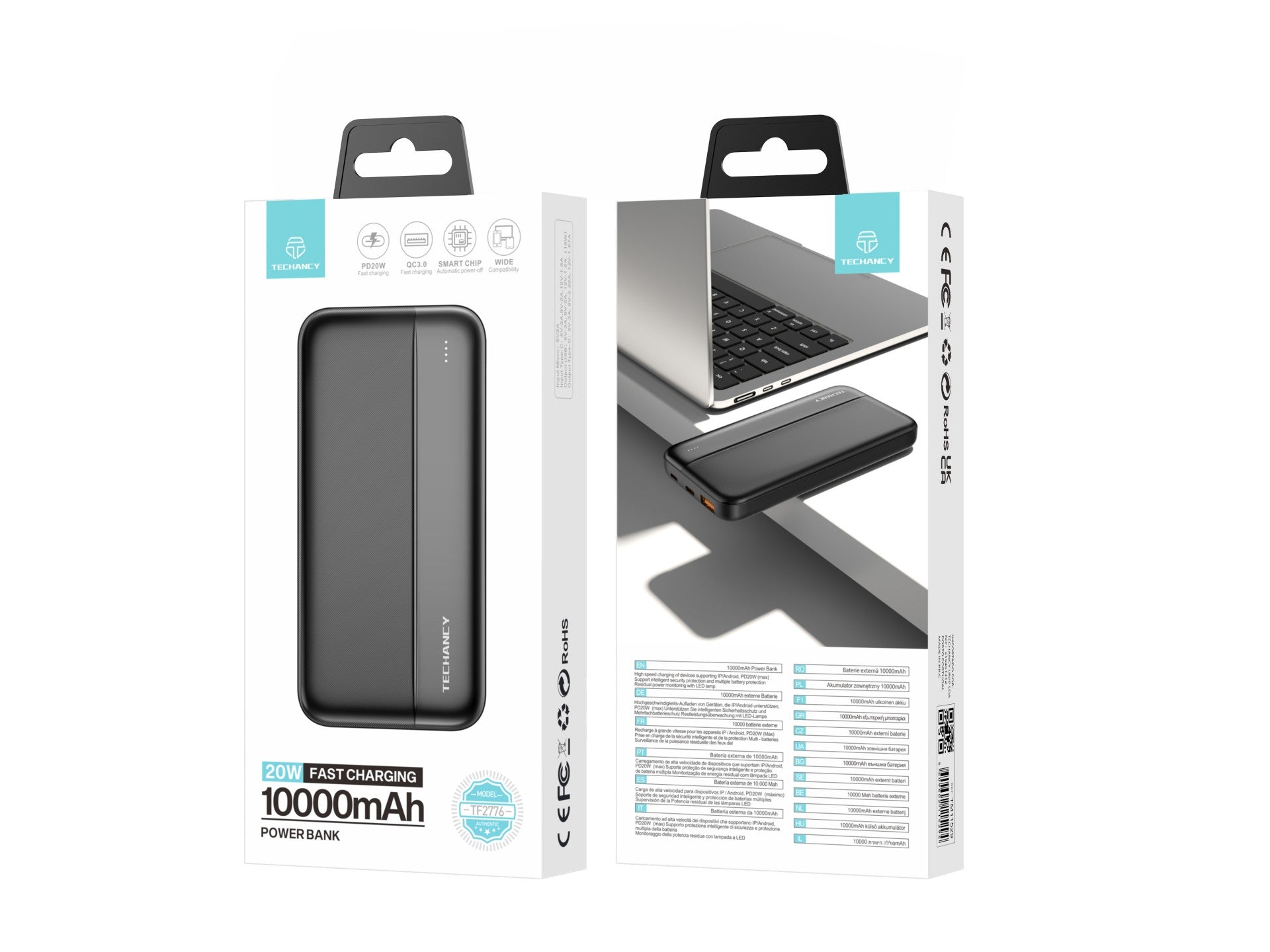 Techancy Power Bank 10000mah Preto TF2776, Carregamento Rápido Pd20w