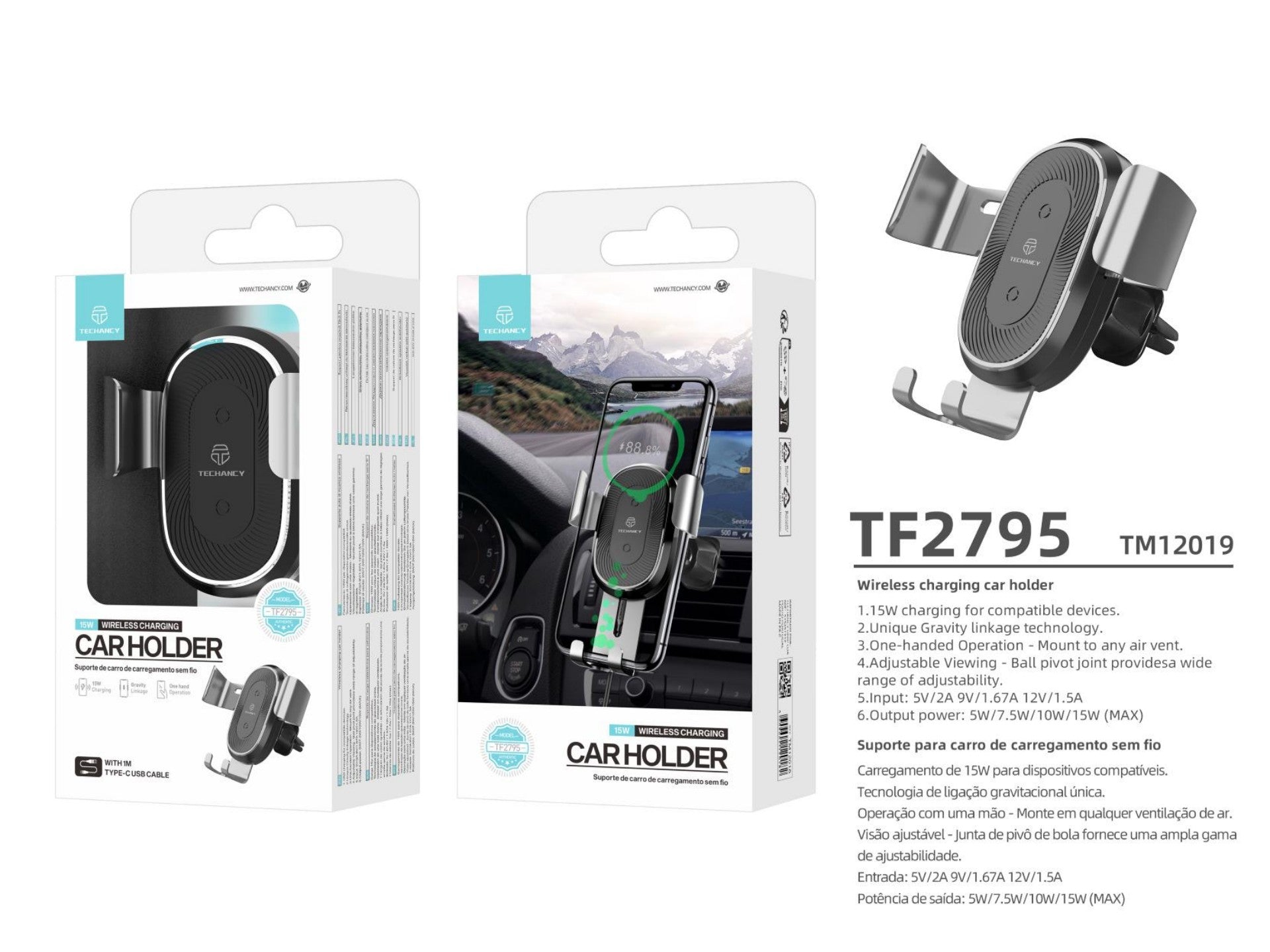 Techancy Suporte Para Telemóvel De Automóvel Com Carregamento Sem Fios