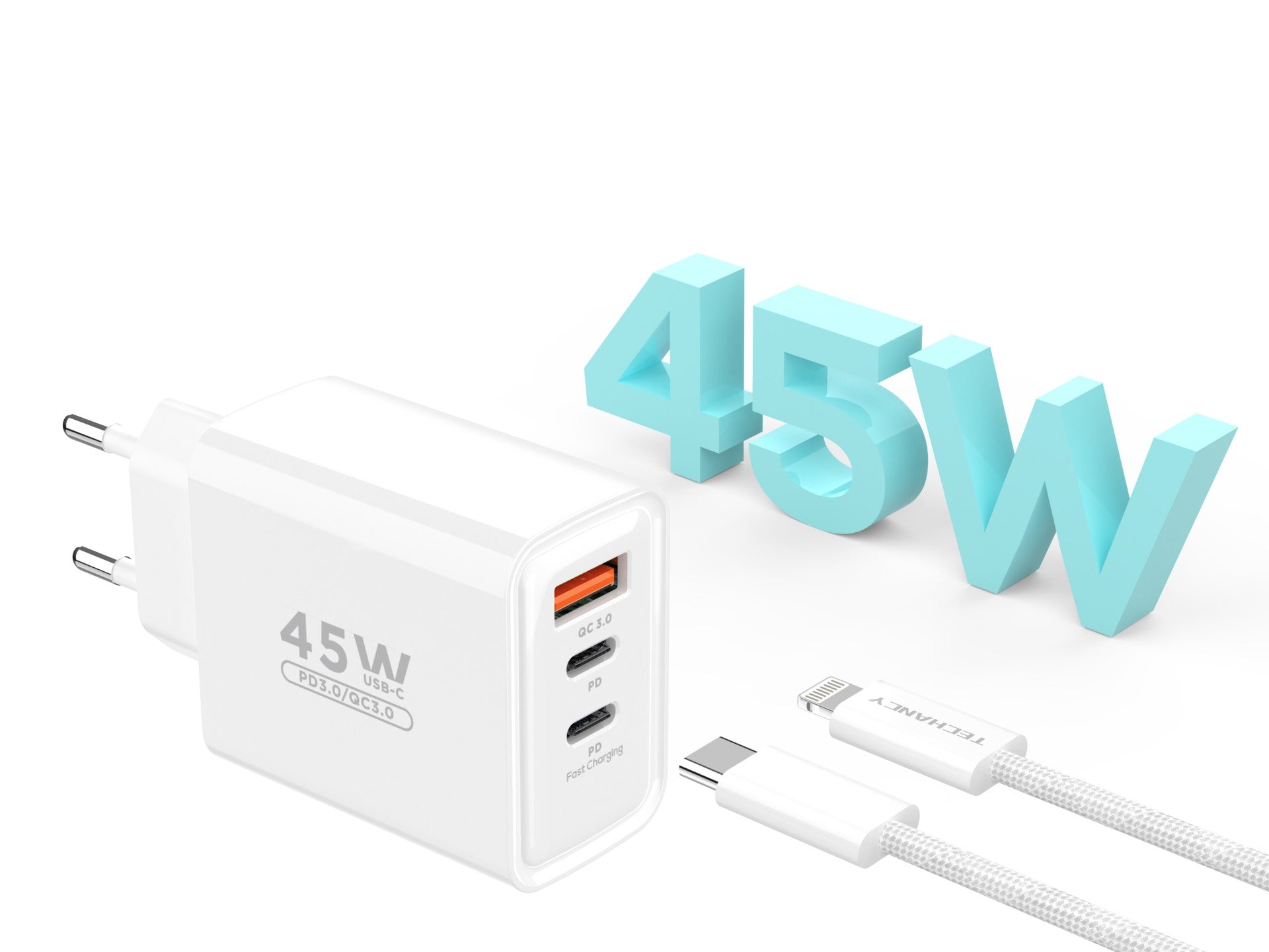 Techancy Încărcător USB-A+USB-C+USB-C TA2822, 45W PD, cu Cablu USB-C