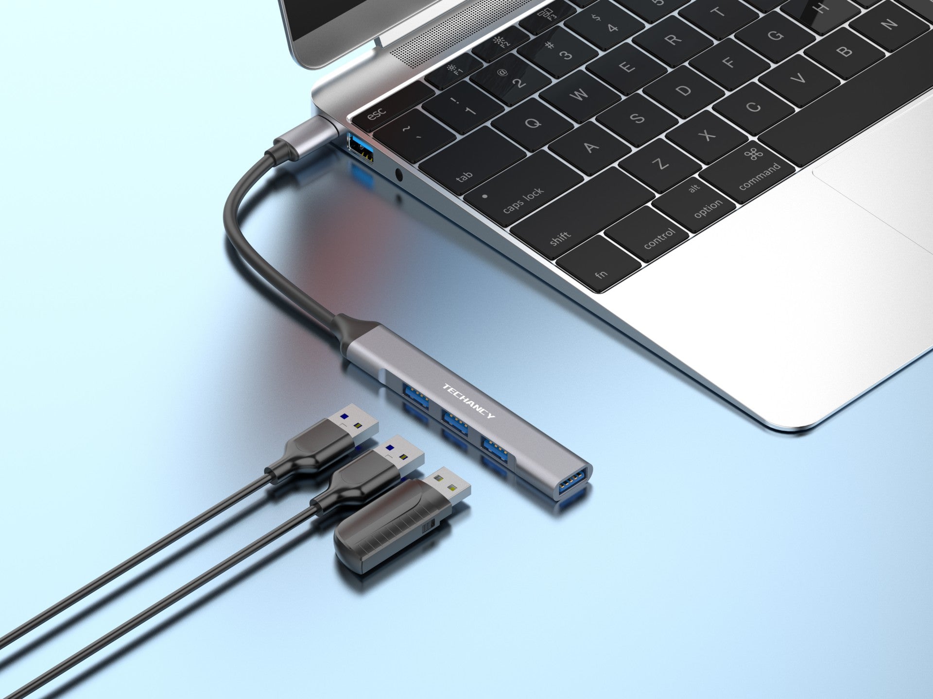 Techancy USB-C 3.0 HUB, 4 em 1 USB, KT2902, Extensor de Hub USB, Cinza