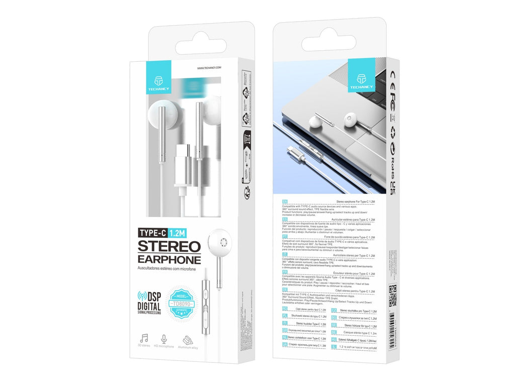 Techancy Auscultadores Estéreo Em Metal Branco TD8090, Porta