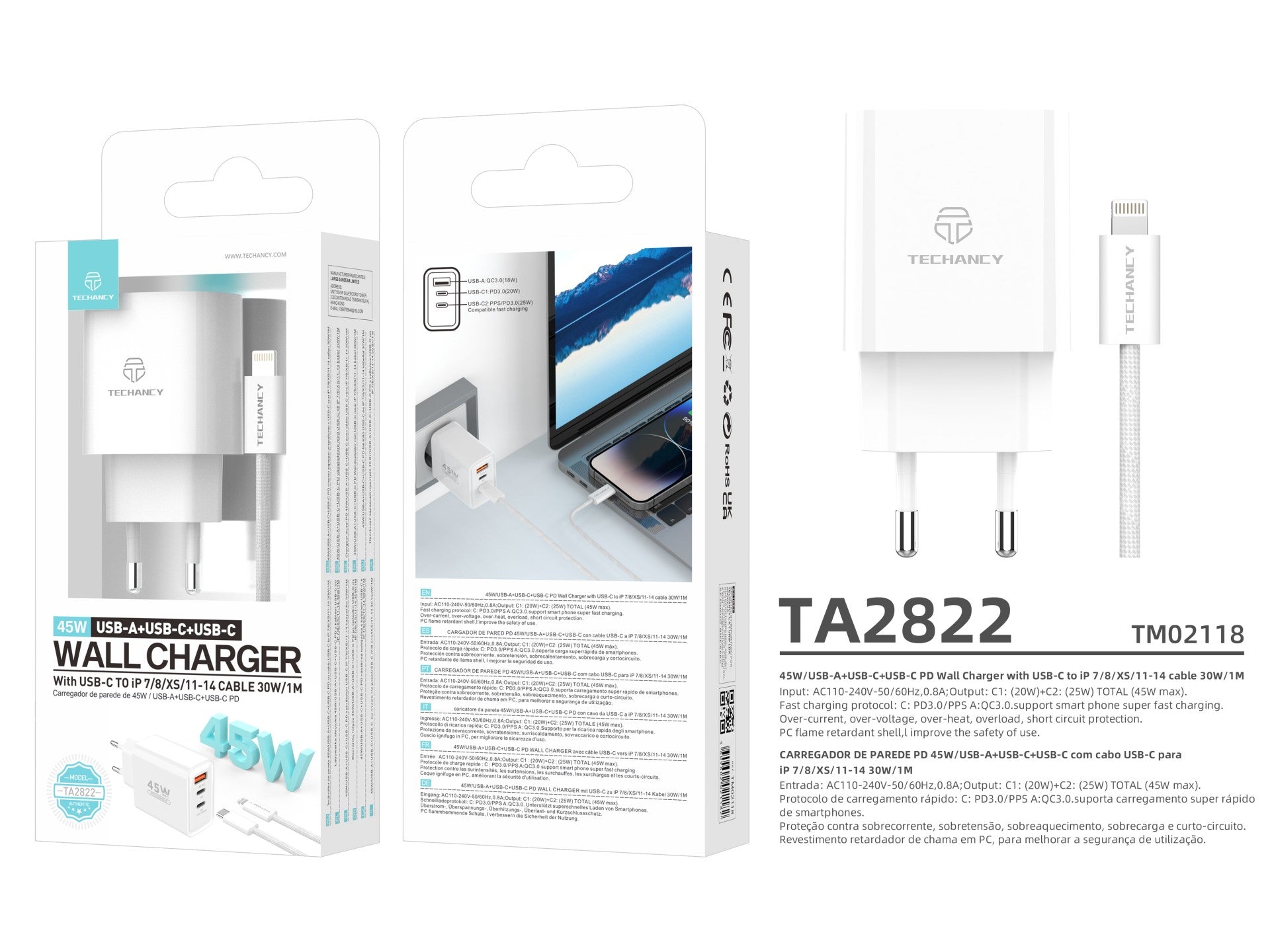 Techancy Încărcător USB-A+USB-C+USB-C TA2822, 45W PD, cu Cablu USB-C
