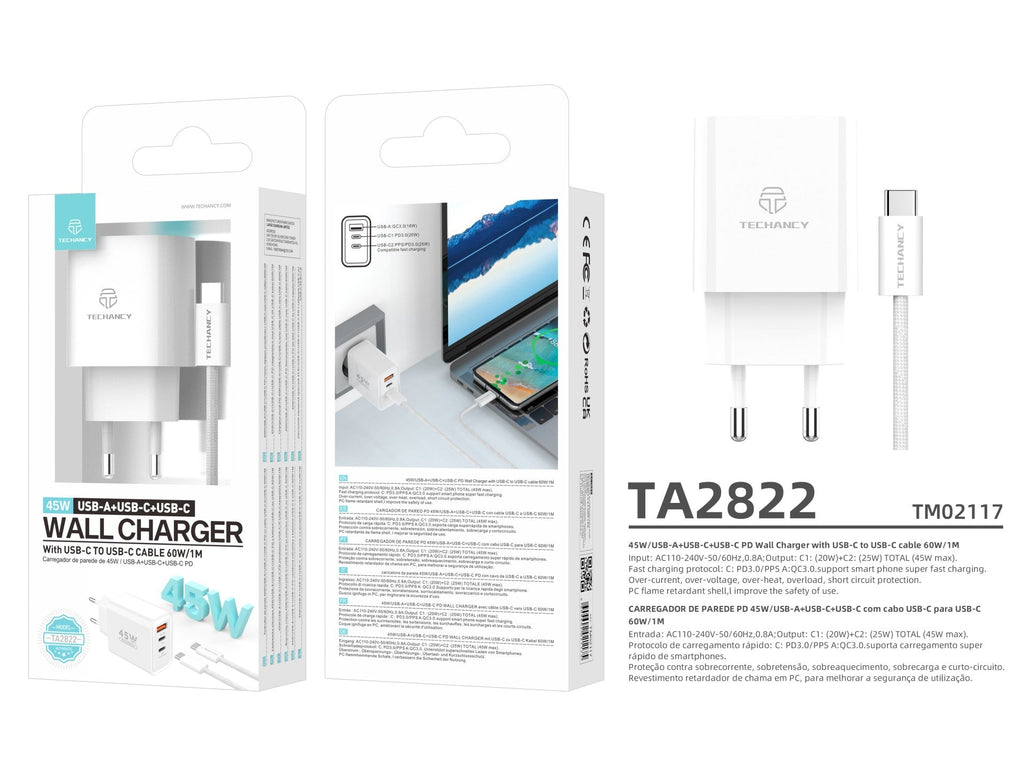 Techancy Carregador USB-A+USB-C+USB-C TA2822, 45W PD, com Cabo USB-C