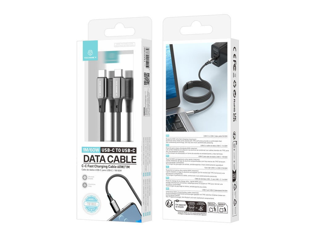 Cablu USB-C la USB-C Techancy TB1802, 60W, 1m, Negru, Conector