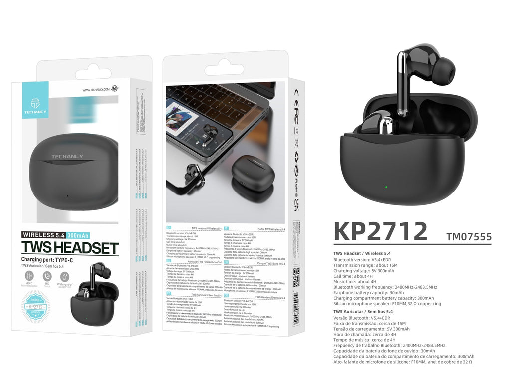 Techancy Auricular TWS KP2712 Sem Fios 5.4 Auricular Bluetooth Porta