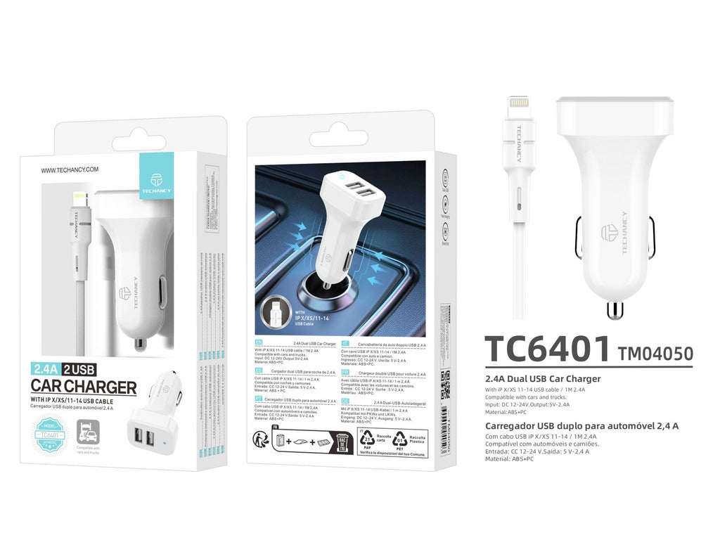 Încărcător Auto Dual USB 2.4A Techancy TC6401 cu Cablu Lightning