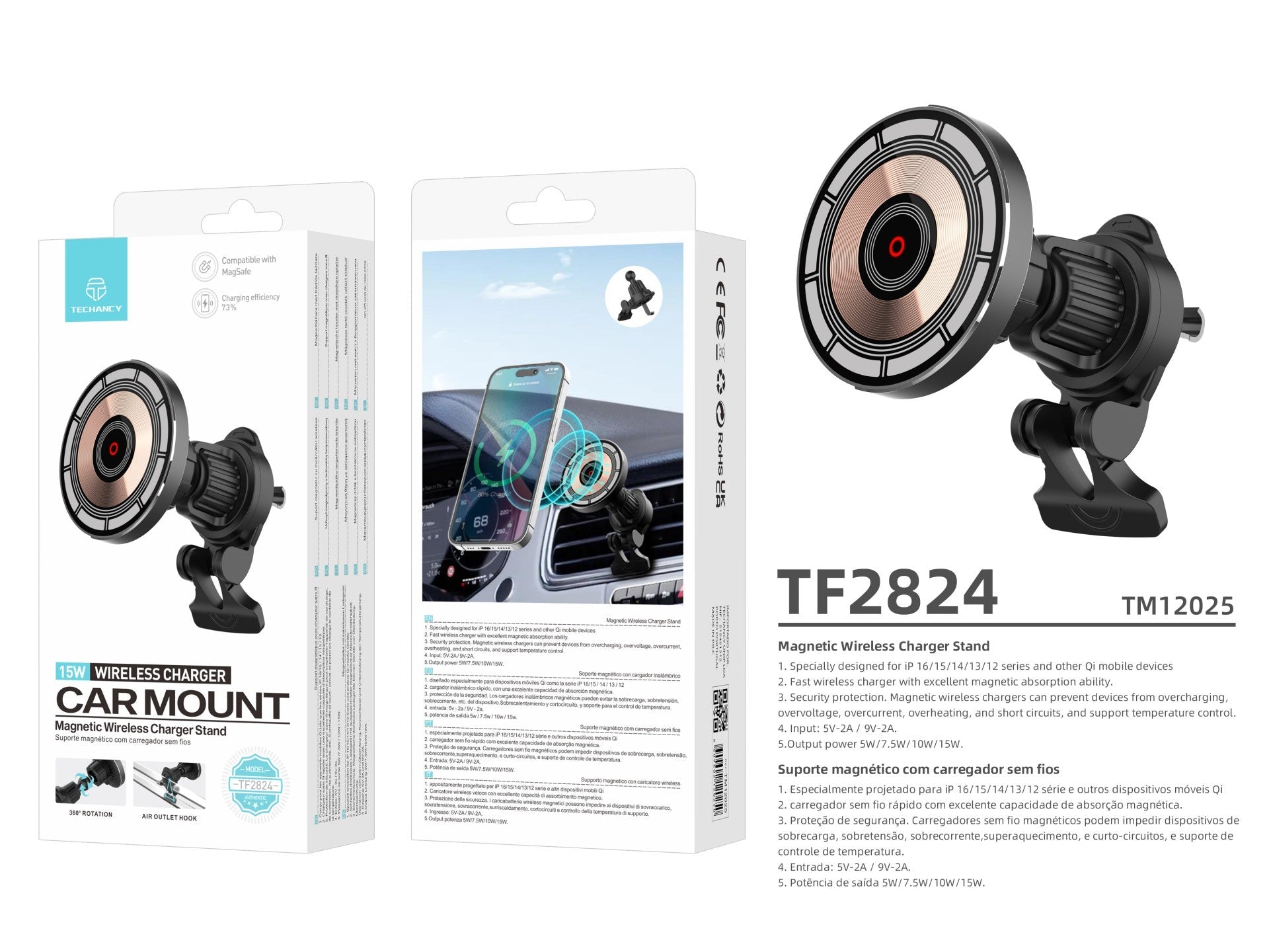 Techancy Suporte Magnético com Carregador Sem Fios 15W TF2824 Preto,