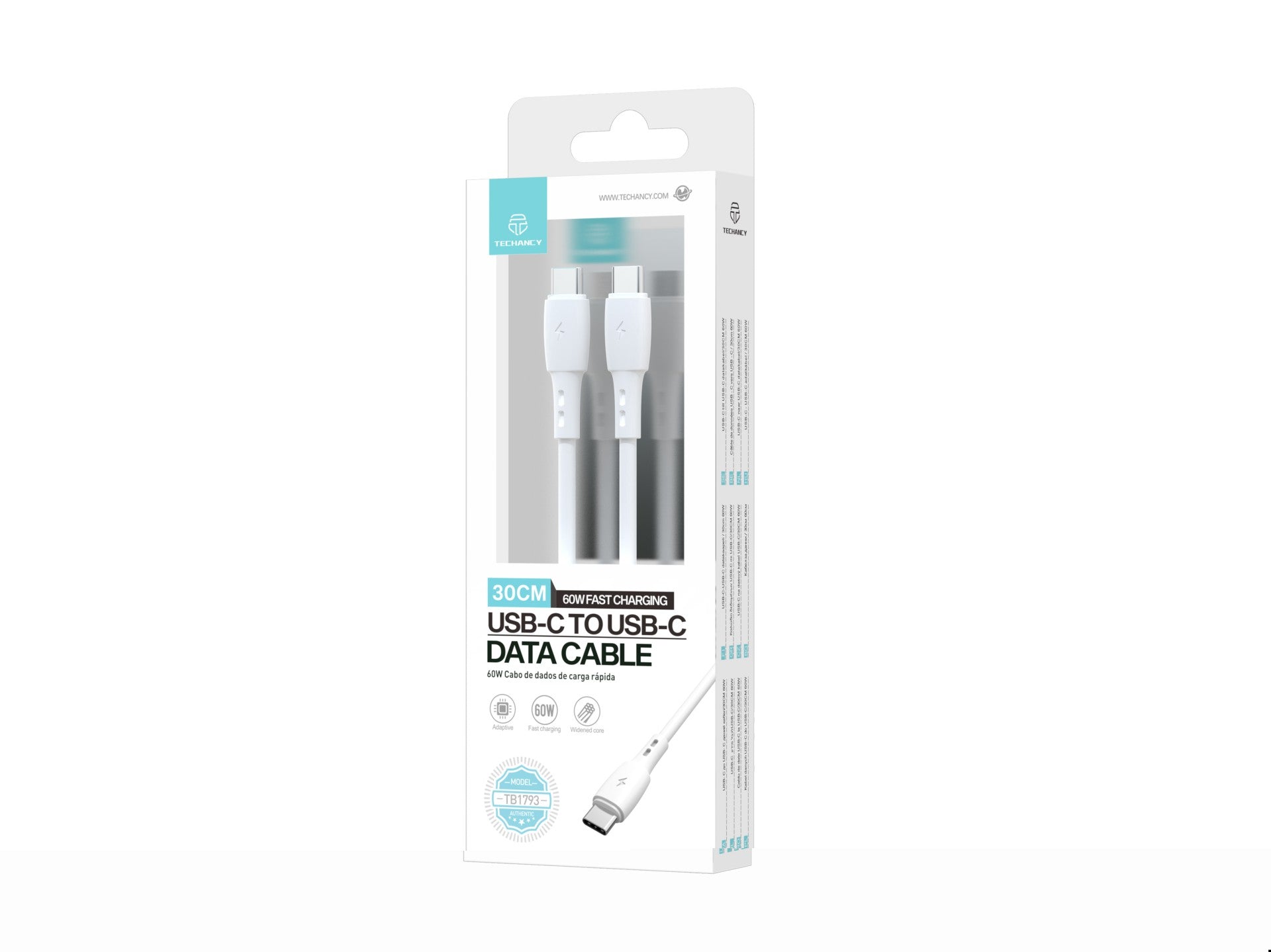 Techancy Cabo De Dados USB C to USB C Branco TB1778, Carregamento