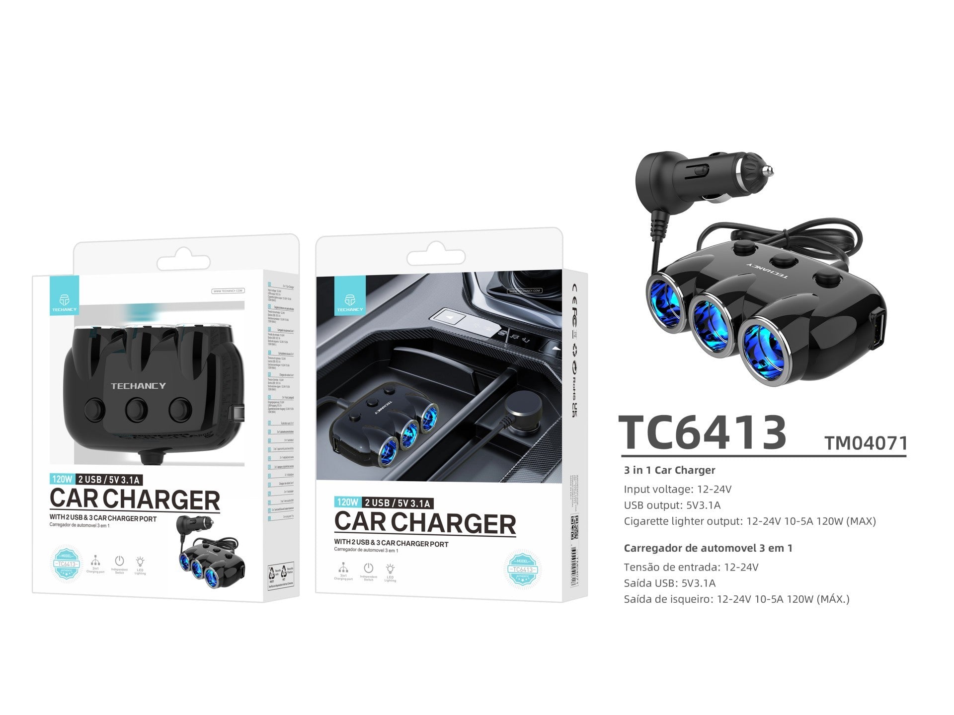 Techancy Carregador De Automóvel 3 Em 1 Preto TC6413, Entrada 12-24v,