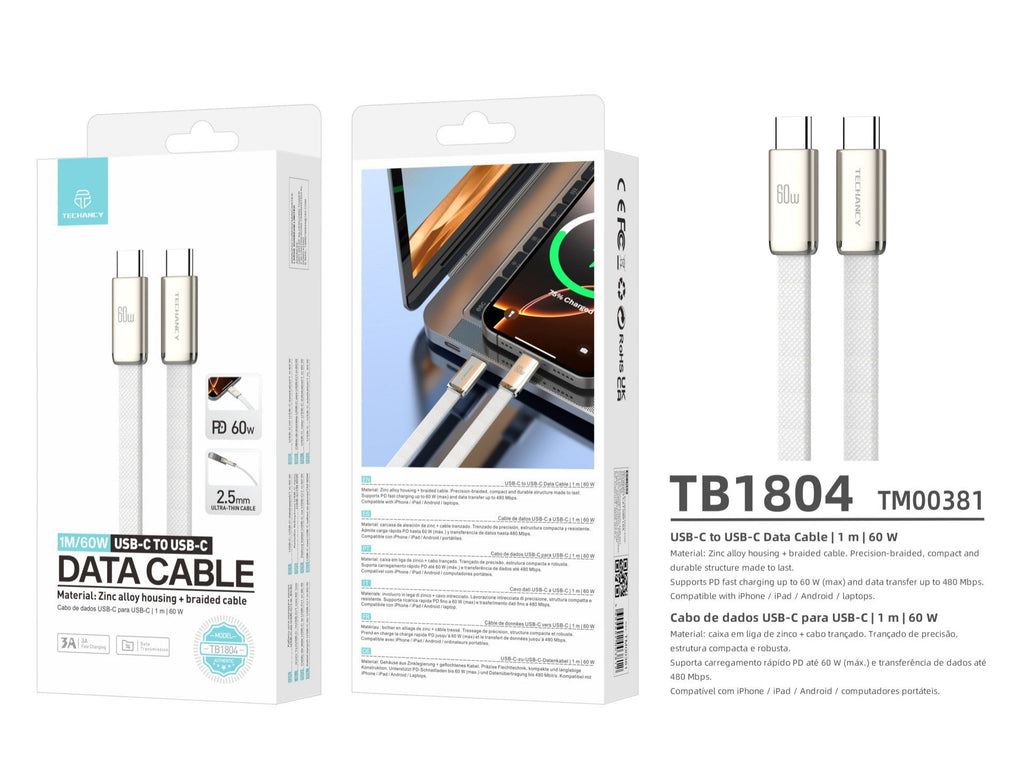 Techancy Cabo de Dados USB C para USB C 60W TB1804 Carregamento Rapido