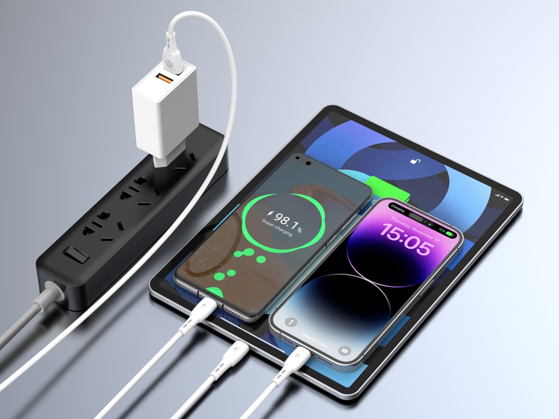 Techancy Cabo 3 em 1 TB1742, 2.4A, 1m Branco, USB-C/Micro/Lightning,