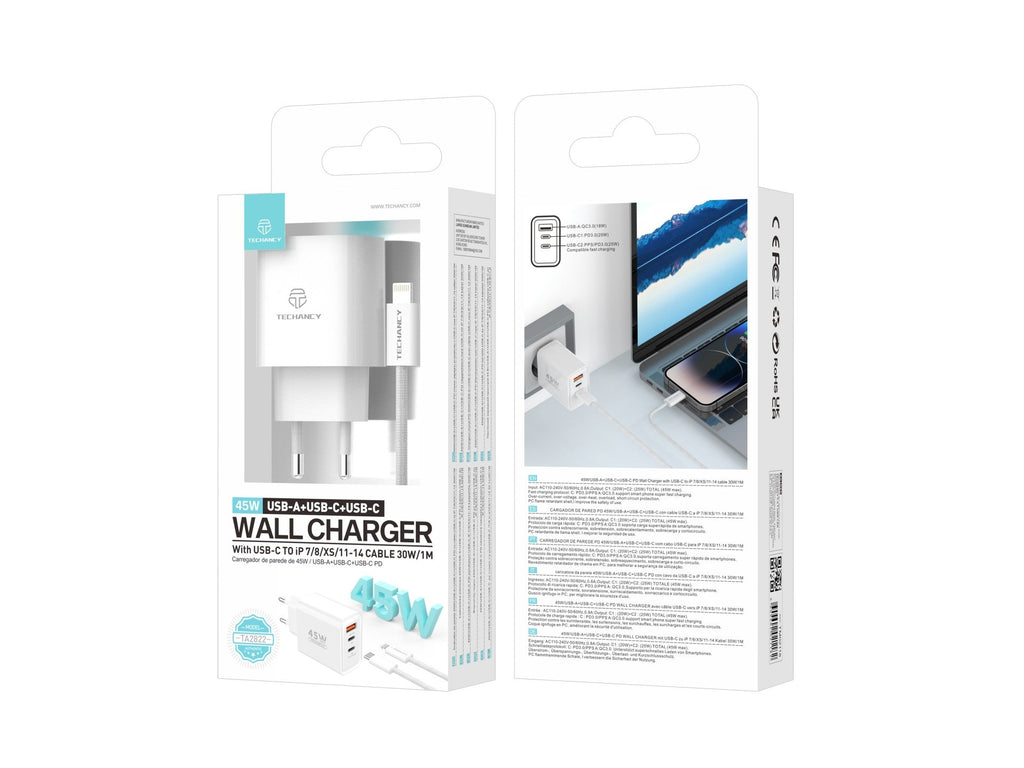 Techancy Încărcător USB-A+USB-C+USB-C TA2822, 45W PD, cu Cablu USB-C