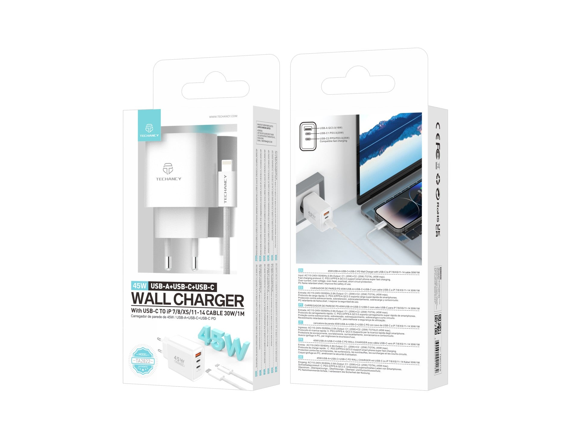 Techancy Încărcător USB-A+USB-C+USB-C TA2822, 45W PD, cu Cablu USB-C