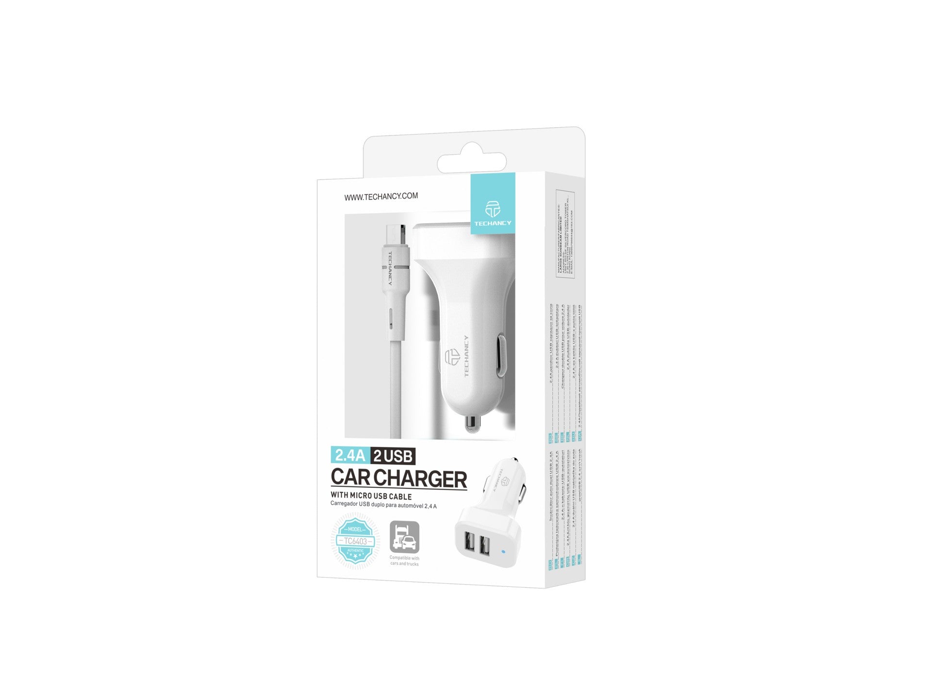 Techancy TC6403 Carregador de Carro Duplo USB 2.4A com Cabo Micro USB