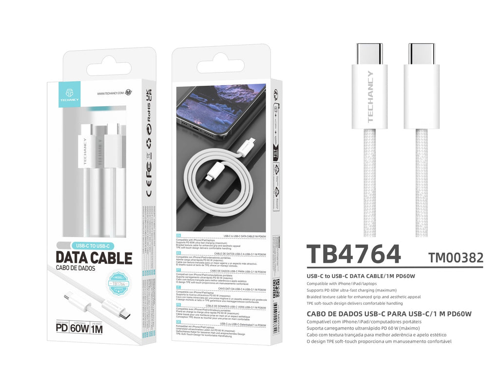 Techancy Cabo USB-C para USB-C TB4764 1M PD 60W, Trancado, Carga