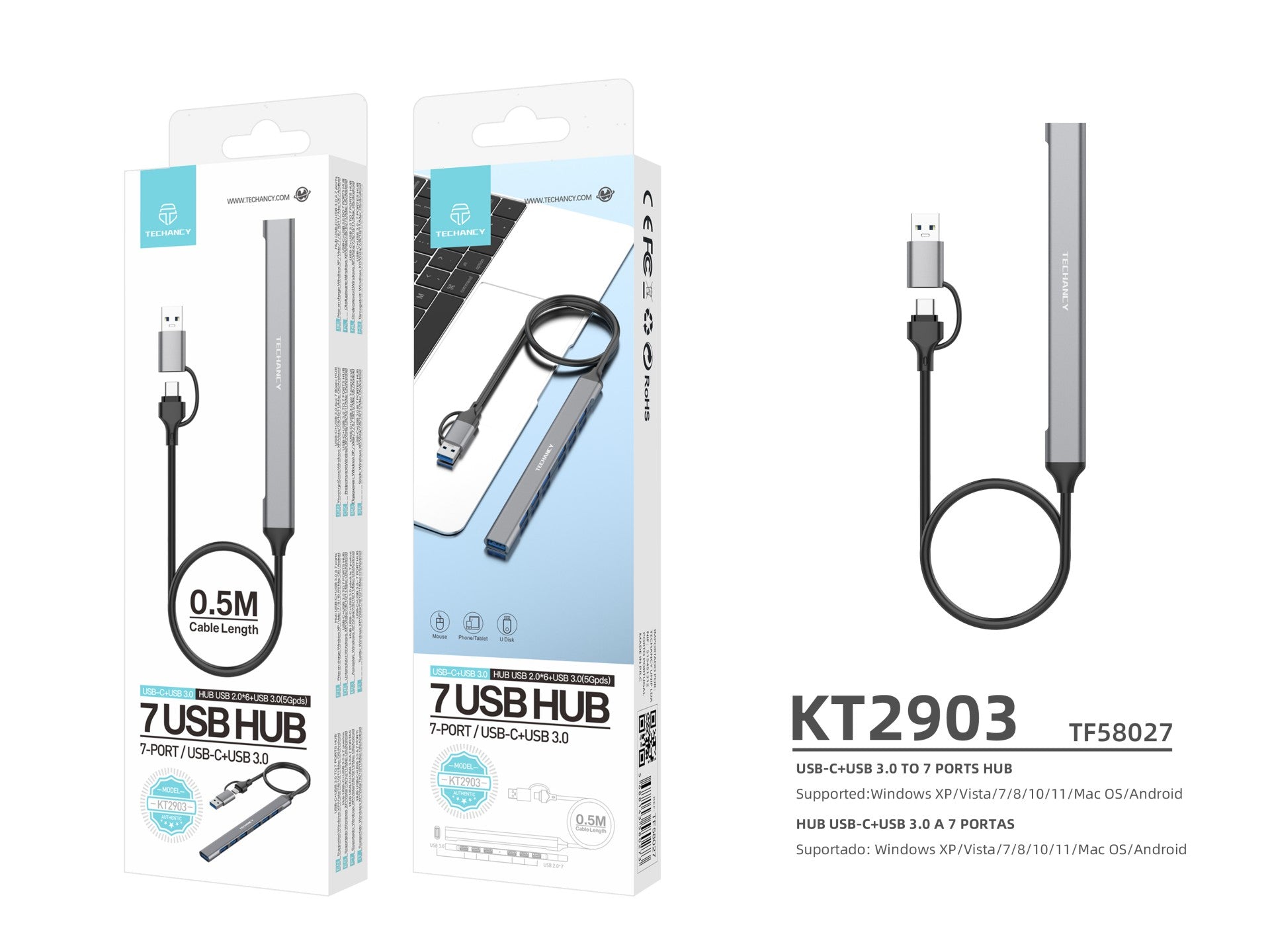 Hub USB Techancy 2 em 1 USB-C + USB 3.0, KT2903, 7 portas USB 3.0,