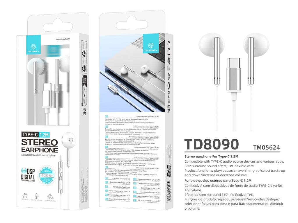 Techancy Auscultadores Estéreo Em Metal Branco TD8090, Porta