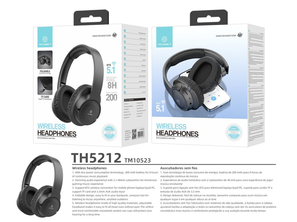 Techancy Auscultadores Sem Fios TH5212, Reprodução De Música 8h,