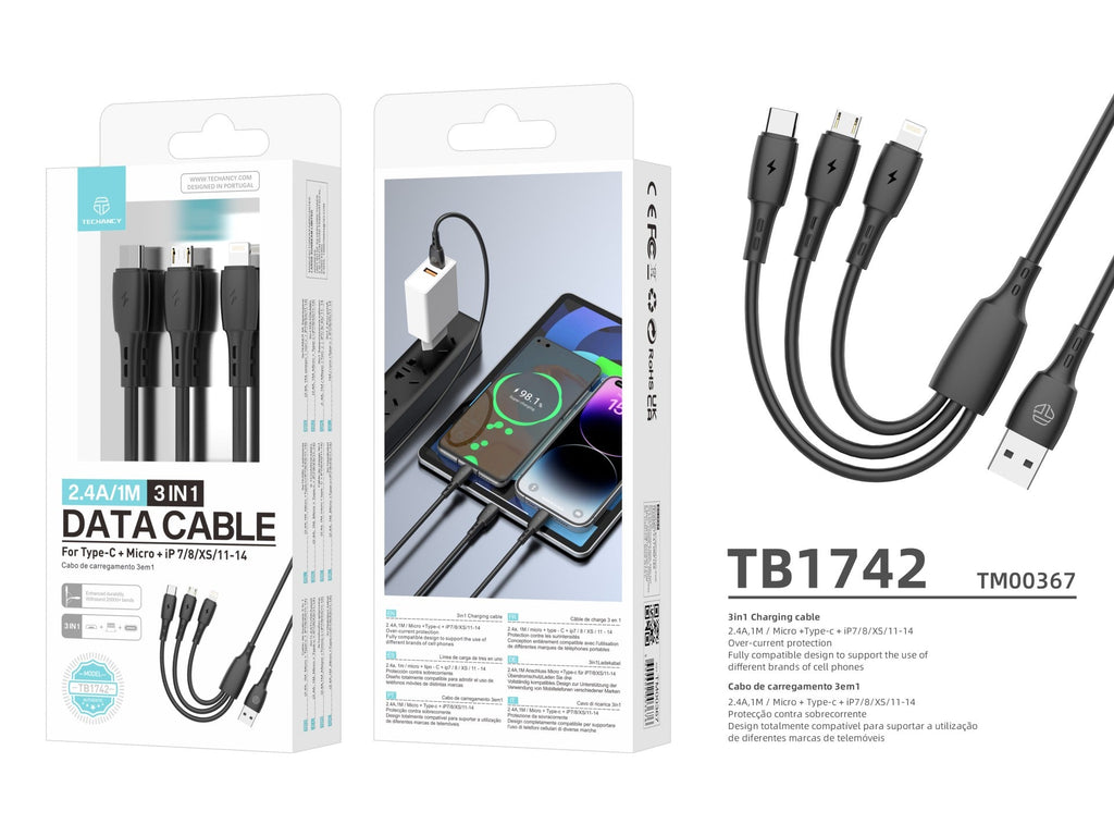 Cablu 3 în 1 Techancy TB1742, 2.4A, 1m Negru, USB-C/Micro/Lightning,